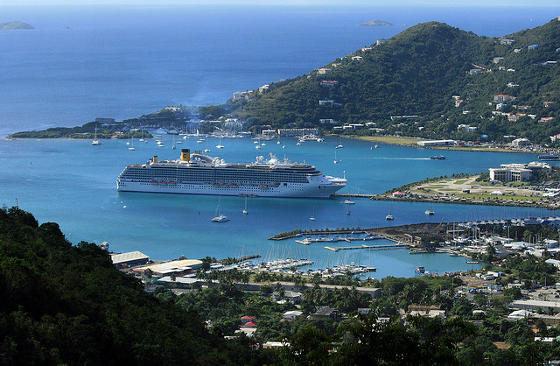 cruise ship docked in a tropical bay