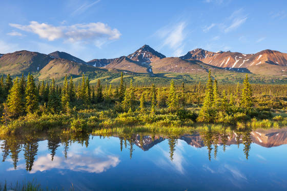 Lake in Alaska showing perfect reflection of sky, mountains, and trees