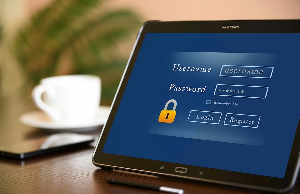 tablet screen with username and password.